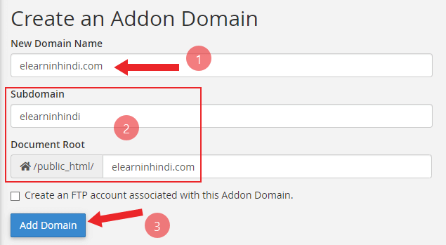 how to addon domain in hindi